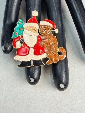 Vintage Pretty Santa Claus Dog Christmas Enamel Brooch Holiday Pin Rare 2"